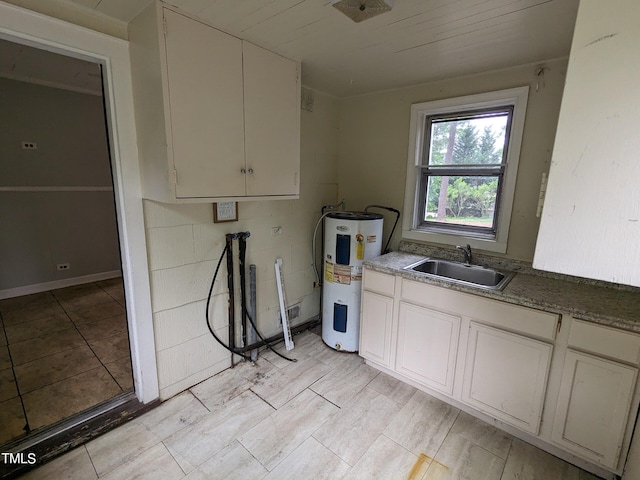 kitchen with white cabinets, electric water heater, and sink