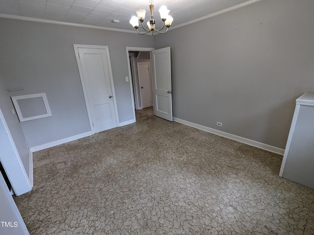 unfurnished bedroom with crown molding and a notable chandelier