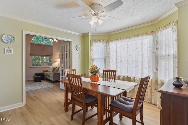 dining space featuring ceiling fan, ornamental molding, light hardwood / wood-style floors, and a textured ceiling