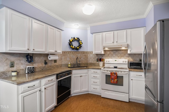 kitchen with dishwasher, white cabinetry, sink, white electric stove, and stainless steel fridge