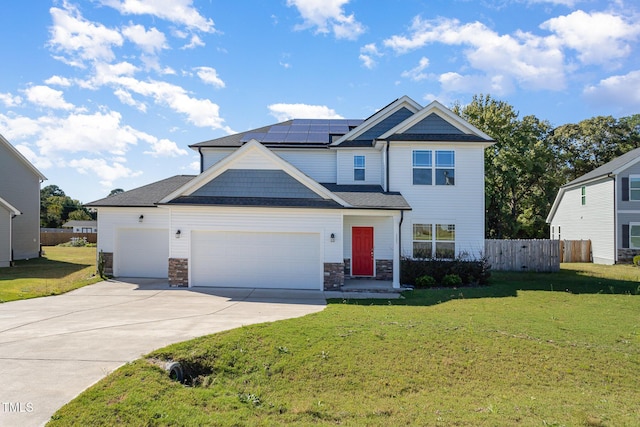 craftsman house featuring solar panels and a front lawn