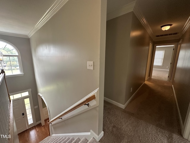 corridor featuring wood-type flooring and ornamental molding