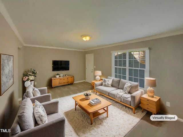 living room with ornamental molding