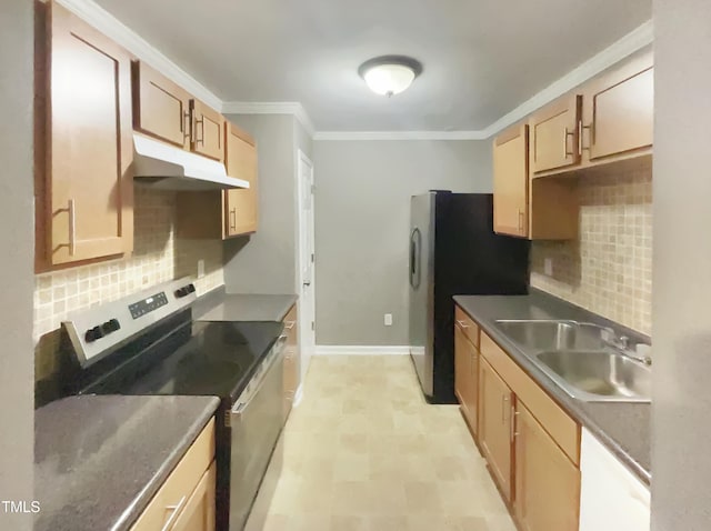 311 Burnette St, Durham, NC 27707 - kitchen featuring stainless steel appliances, under cabinet range hood, ornamental molding, backsplash, and dark countertops