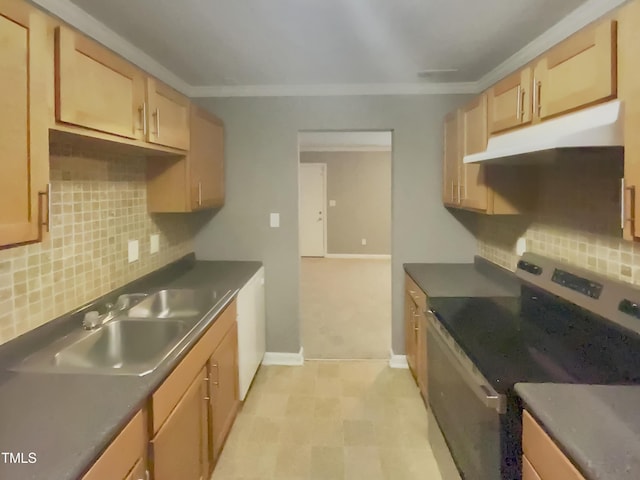 311 Burnette St, Durham, NC 27707 - kitchen with electric stove, under cabinet range hood, ornamental molding, backsplash, and dark countertops