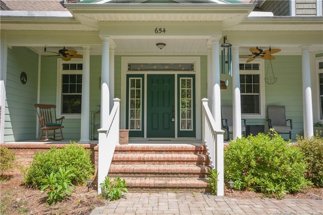 654 Titmouse Ct, Vass, NC 28394 - doorway to property with a ceiling fan and covered porch