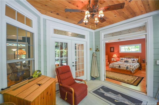 654 Titmouse Ct, Vass, NC 28394 - bedroom featuring access to exterior, french doors, wood ceiling, crown molding, and a ceiling fan