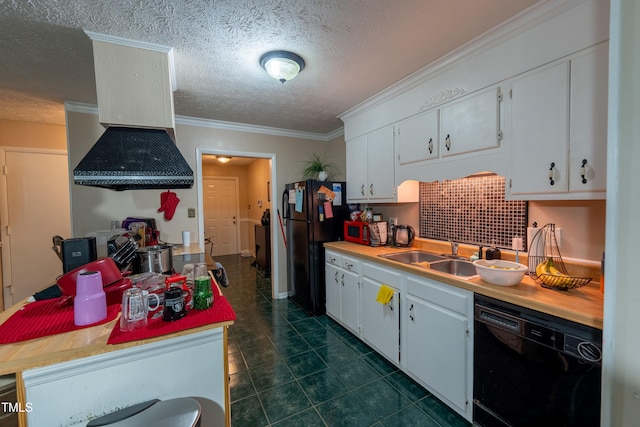 kitchen featuring white cabinetry, black appliances, a textured ceiling, and ornamental molding