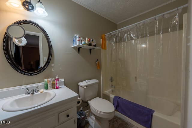 full bathroom with shower / bath combo, a textured ceiling, toilet, vanity, and ornamental molding