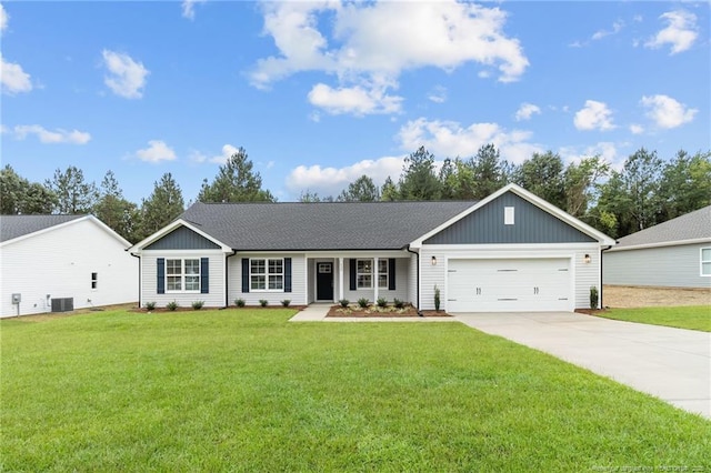 single story home featuring a garage, a front yard, and central AC