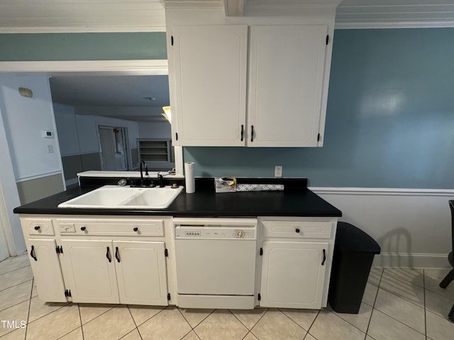 kitchen featuring white cabinetry, dishwasher, sink, light tile patterned flooring, and ornamental molding