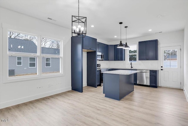 kitchen featuring decorative light fixtures, a center island, sink, and appliances with stainless steel finishes