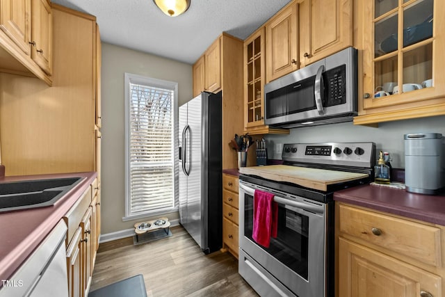 kitchen featuring appliances with stainless steel finishes, dark hardwood / wood-style flooring, and a textured ceiling