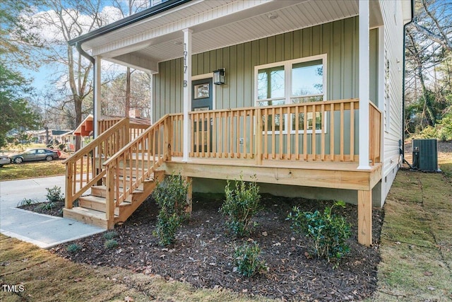 property entrance featuring central AC and a porch