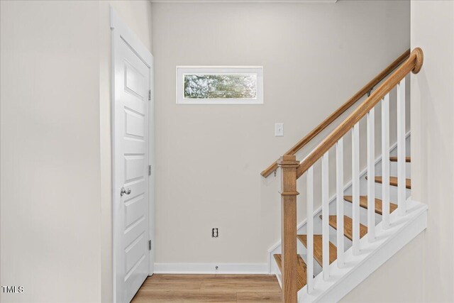 stairs featuring hardwood / wood-style flooring