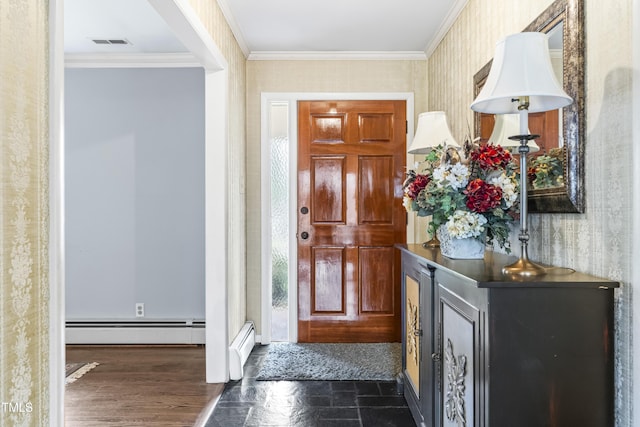 entryway featuring a baseboard radiator and ornamental molding