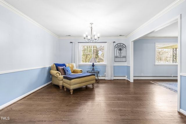 living area with a baseboard radiator, a healthy amount of sunlight, a notable chandelier, and dark hardwood / wood-style flooring