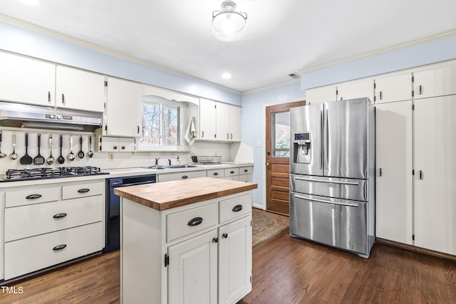 5205 Rembert Dr, Raleigh, NC 27612 - kitchen with stainless steel refrigerator with ice dispenser, ornamental molding, gas cooktop, under cabinet range hood, and a sink