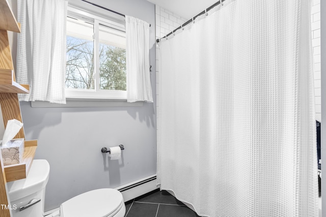 5205 Rembert Dr, Raleigh, NC 27612 - full bath with toilet, baseboard heating, tile patterned flooring, and a shower with shower curtain