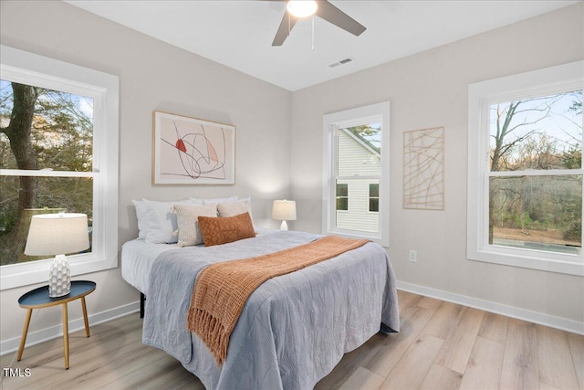 bedroom featuring light wood-type flooring and ceiling fan