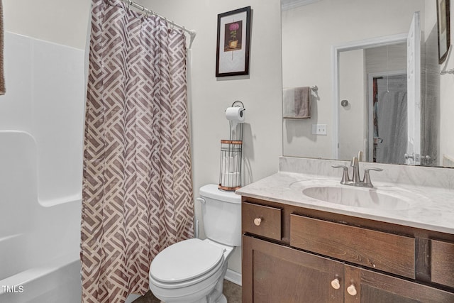 full bathroom with shower / bathtub combination with curtain, vanity, and toilet