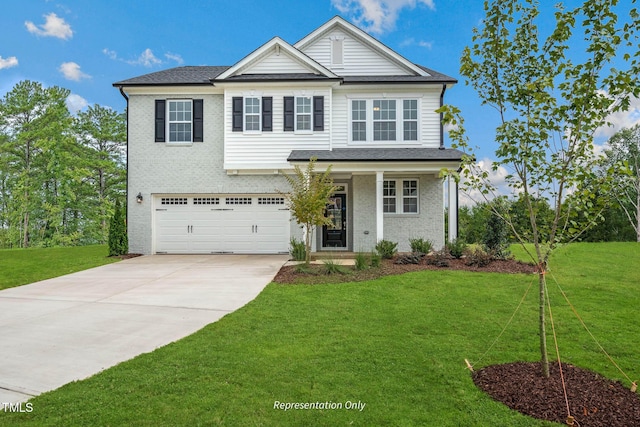 front facade with a garage and a front lawn