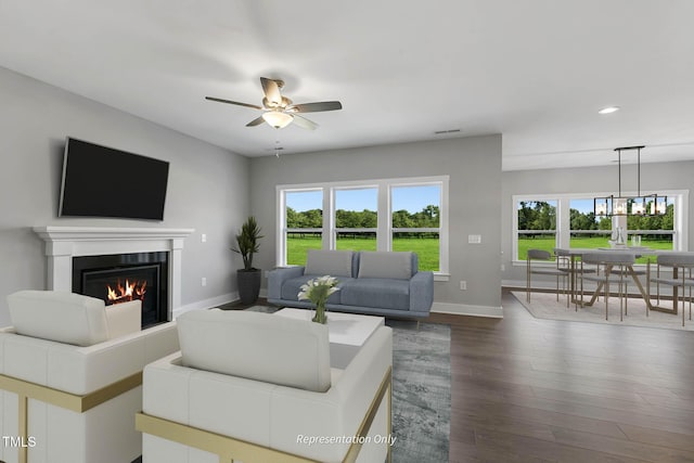 living room with ceiling fan, plenty of natural light, and wood-type flooring