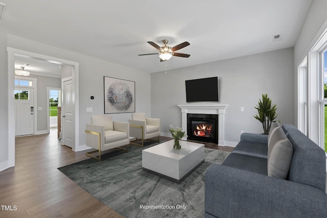 living room with ceiling fan and dark wood-type flooring