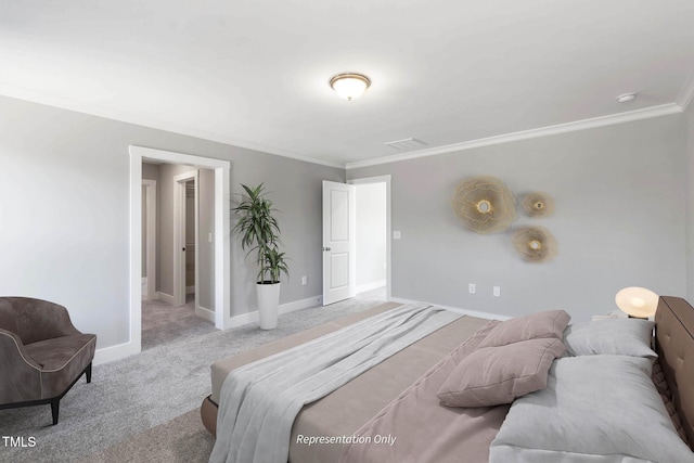 bedroom with light colored carpet and ornamental molding