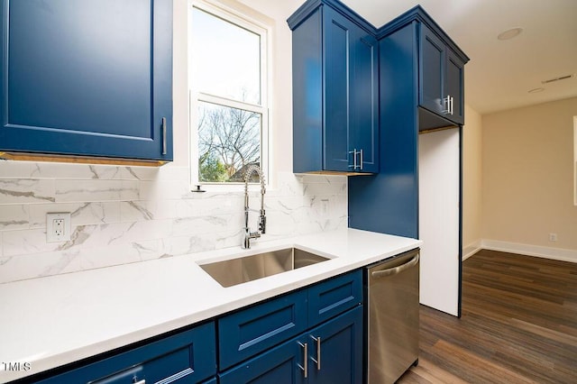 kitchen with blue cabinetry, dishwasher, and sink