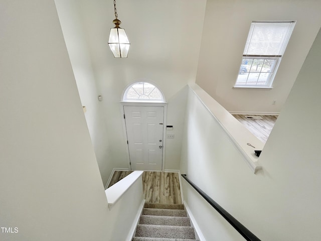 staircase featuring a towering ceiling, a healthy amount of sunlight, and wood-type flooring