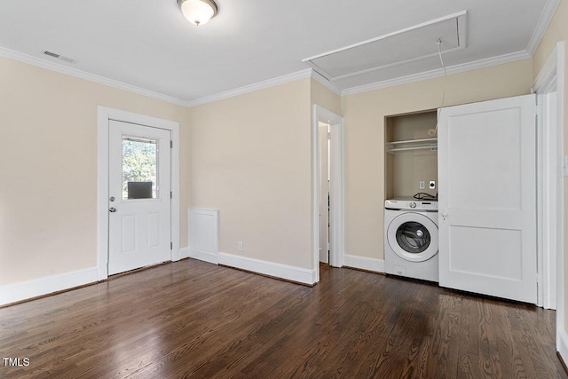 laundry room featuring washer / clothes dryer, ornamental molding, and dark hardwood / wood-style floors