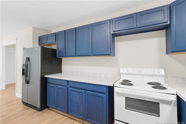 kitchen with white electric range oven, light wood-type flooring, blue cabinets, and stainless steel refrigerator with ice dispenser