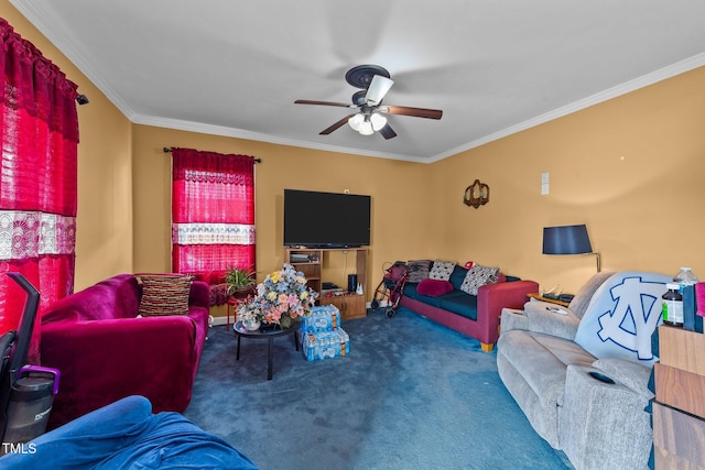 carpeted living area with ornamental molding and ceiling fan