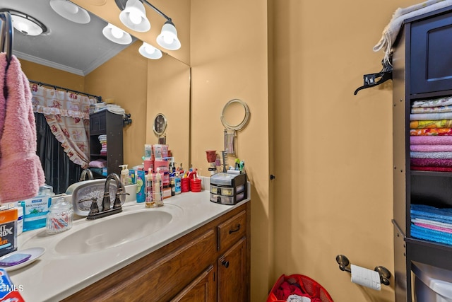 full bath with ornamental molding, vanity, and a shower with curtain