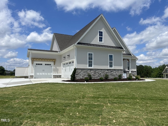 25 Deer Tail Ln Lot 52, Fuquay Varina, NC 27526 - craftsman inspired home featuring driveway, a standing seam roof, a garage, a front lawn, and stone siding