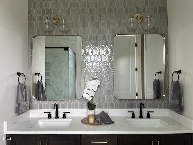 25 Deer Tail Ln Lot 52, Fuquay Varina, NC 27526 - full bath featuring double vanity, a shower stall, and backsplash
