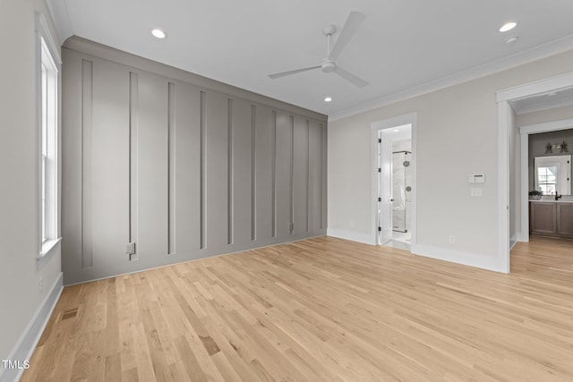 25 Deer Tail Ln Lot 52, Fuquay Varina, NC 27526 - empty room with a ceiling fan, crown molding, light wood-style floors, and recessed lighting