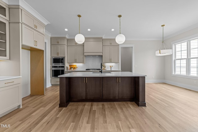 25 Deer Tail Ln Lot 52, Fuquay Varina, NC 27526 - kitchen featuring appliances with stainless steel finishes, premium range hood, light countertops, tasteful backsplash, and ornamental molding