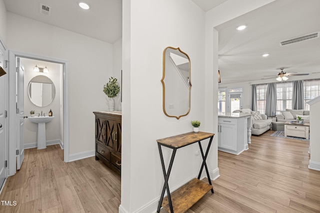 hall with sink and light hardwood / wood-style flooring