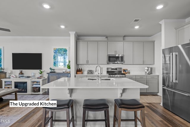 kitchen featuring gray cabinets, sink, stainless steel appliances, and a kitchen island with sink