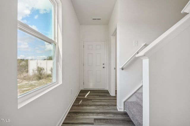 stairway with hardwood / wood-style flooring