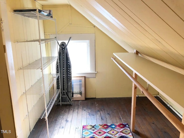 additional living space featuring vaulted ceiling and dark wood-type flooring