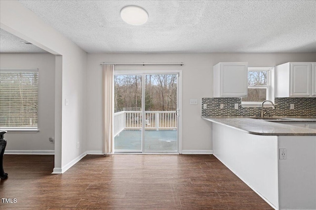 unfurnished dining area with sink, dark wood-type flooring, and a textured ceiling