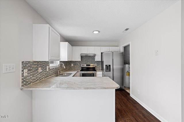 kitchen with white cabinetry, sink, dark wood-type flooring, kitchen peninsula, and appliances with stainless steel finishes