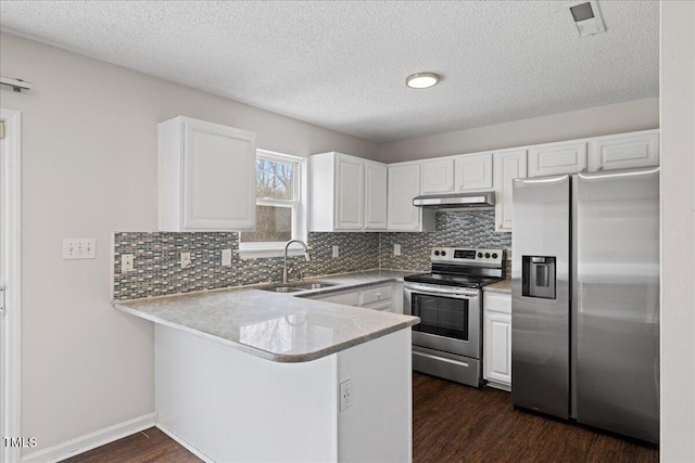 kitchen with sink, dark wood-type flooring, stainless steel appliances, kitchen peninsula, and white cabinets