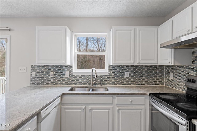 kitchen featuring ventilation hood, white dishwasher, sink, white cabinets, and stainless steel electric range oven