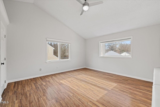 empty room featuring lofted ceiling, wood-type flooring, and a wealth of natural light