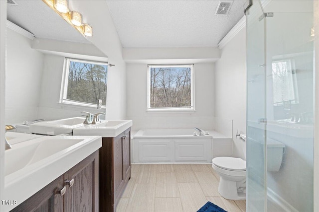 full bathroom with vanity, toilet, a textured ceiling, and a wealth of natural light