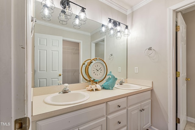 bathroom with vanity and crown molding